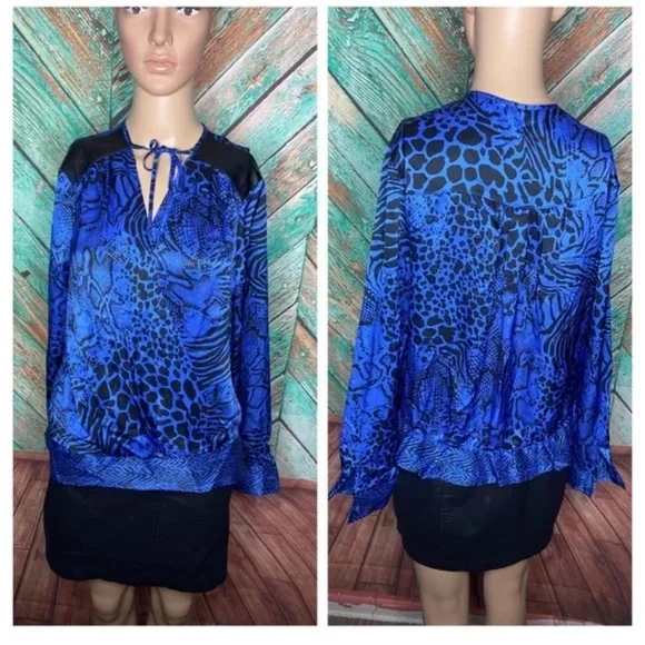 Vintage Cache Silk Wrap Blue & Black Print Faux Leather - Picture 2 of 4